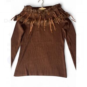 Boho Western Brown Ribbed Sweater w/ Faux Fur & Fringe Detail. Size Large